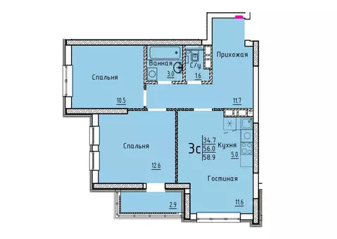 Свободной планировки кв. Саратовская область, Энгельс  (58.9 м)
