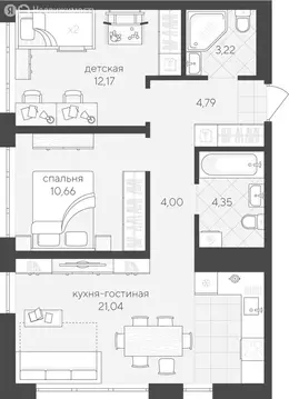 2-комнатная квартира: Тюмень, улица Василия Малкова, 10 (60.3 м)