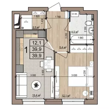 1-к кв. Рязанская область, Рязань ул. Новоселов, 33Б (39.9 м)
