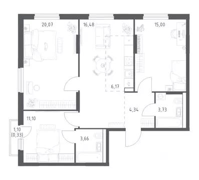 3-к кв. Башкортостан, Уфа ул. Минигали Губайдуллина, 8к9 (80.88 м)