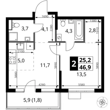 2-к кв. Москва 1-й Ясеневский жилой комплекс, 2 (46.9 м)