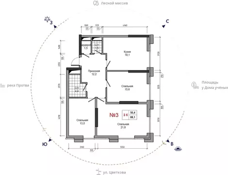 3-к кв. Калужская область, Обнинск ул. Усачева (88.1 м)