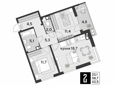 2-комнатная квартира: Краснодар, микрорайон Парк Победы (63.5 м)
