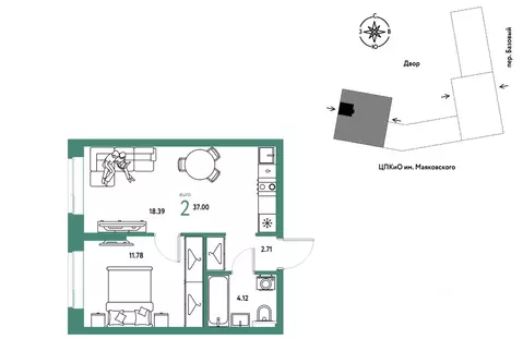 2-к кв. Свердловская область, Екатеринбург пер. Базовый, 10 (37.0 м)