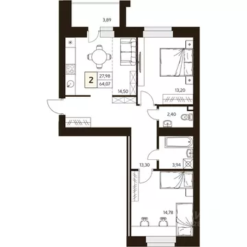 2-к кв. Башкортостан, Уфа ул. Ахметова, 296/2 (64.07 м)