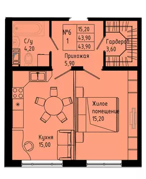 1-комнатная квартира: Коммунар, Железнодорожная улица, 41к2 (43.9 м)