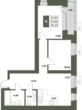 3-к кв. Башкортостан, Уфимский район, с. Миловка  (56.35 м)