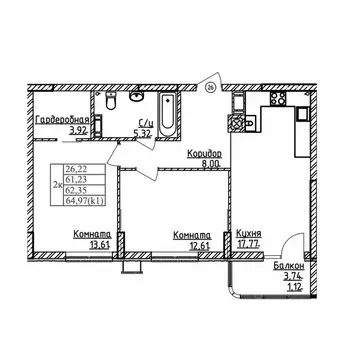 2-к кв. Калининградская область, Калининград ул. Дубовая Аллея (62.35 ...