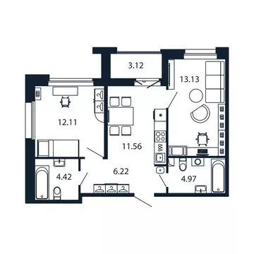 2-комнатная квартира: Новоселье, Центральная улица, 30к2 (51.6 м)