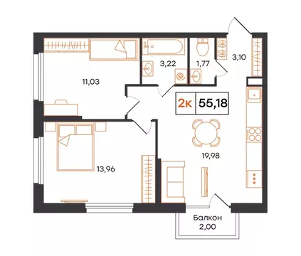 2-к кв. Тюменская область, Тюмень Полевая ул., 117к13 (55.18 м)