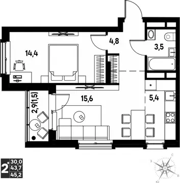 Студия Пермский край, д. Кондратово просп. Дягилева, 2 (45.2 м)