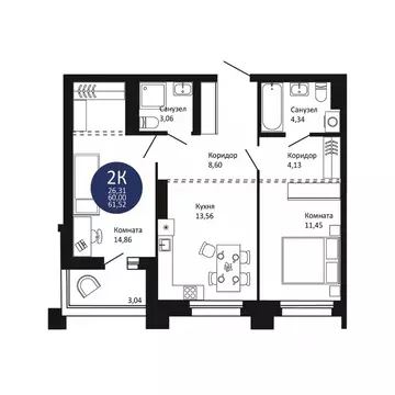 2-к кв. Новосибирская область, Новосибирск 1-й на Рябиновой жилой ...