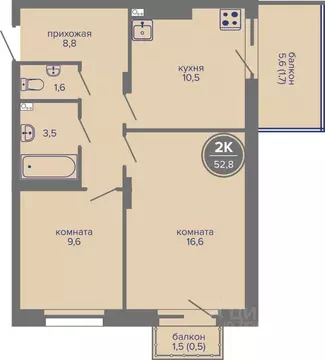 2-к кв. Пермский край, Пермь ш. Космонавтов, 309Ак1 (52.8 м)