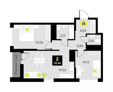2-комнатная квартира: Тюмень, улица Андрея Приказнова, 7 (57.3 м)