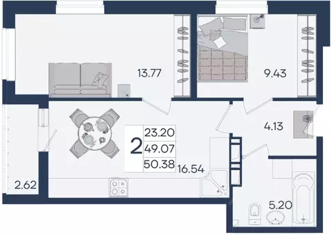 2-к кв. Краснодарский край, Краснодар  (50.38 м)