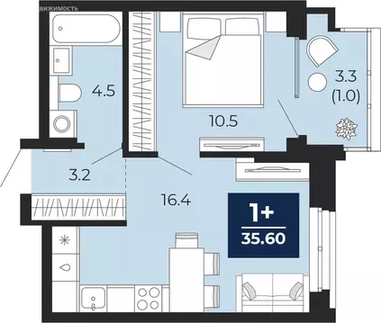 1-комнатная квартира: Тюмень, проезд Капитана Куликова, 7 (37.9 м)