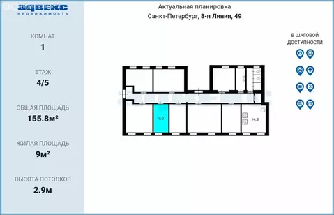1к в 8-комнатной квартире (9 м)