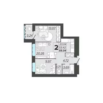 2-к кв. Брянская область, Брянск Архитектор жилой комплекс (55.04 м)