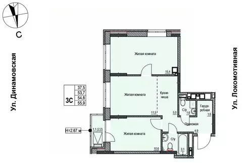 3-к кв. Удмуртия, Ижевск Локомотивная ул., 2 (54.8 м)