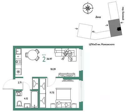2-к кв. Свердловская область, Екатеринбург пер. Базовый, 10 (36.97 м)