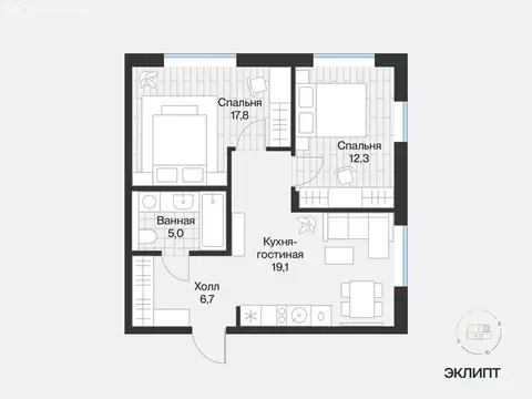 2-комнатная квартира: Тюмень, улица Игоря Комиссарова, 18 (57.75 м)