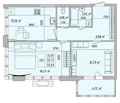 2-к кв. Белгородская область, Белгород Славянская ул. (64.44 м)