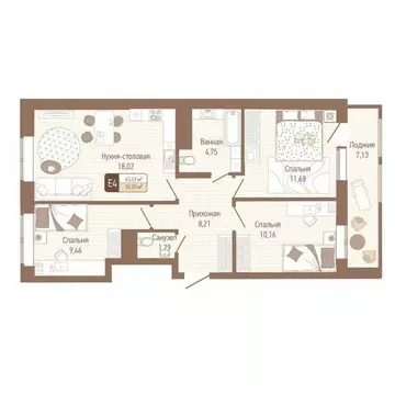 3-к кв. Тульская область, Тула Кулик жилой комплекс (67.14 м)