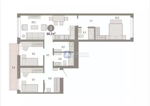 3-к кв. Тюменская область, Тюмень ул. Республики, 205к3 (88.32 м)