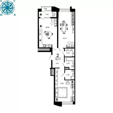 2-к кв. Рязанская область, Рязань ул. 1-я Железнодорожная (78.71 м)