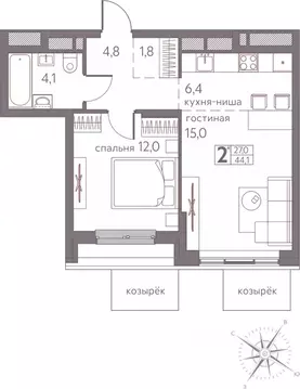 Студия Пермский край, Пермь ул. Серебристая, 3 (44.1 м)