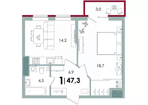 1-к кв. Тверская область, Тверь Южный жилой комплекс (47.3 м)