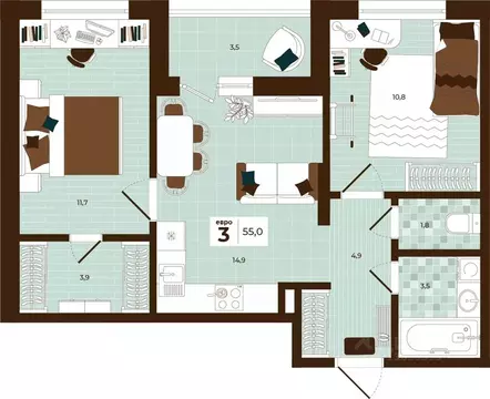 3-к кв. Тульская область, Тула ул. Академика Насоновой, 3 (55.0 м)