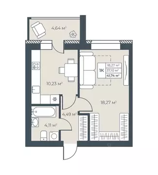 1-к кв. Нижегородская область, Выкса инженера Шухова кв-л,  (41.74 м)
