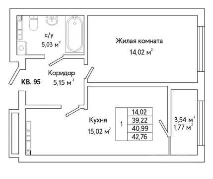 1-к кв. Свердловская область, Екатеринбург ул. Яскина, 14/3 (42.7 м)