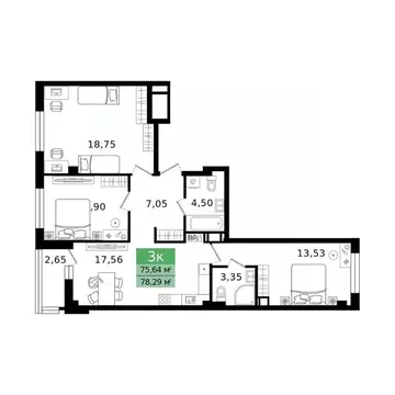 3-к кв. Курганская область, Курган просп. Конституции (78.29 м)
