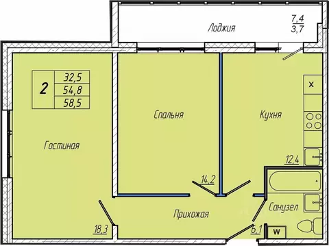 2-к кв. Кемеровская область, Кемерово просп. Притомский, 30А (58.5 м)