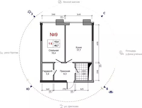 1-комнатная квартира: Обнинск, улица Усачёва, 4 (46.7 м)