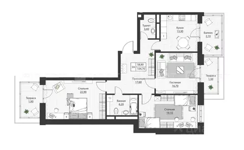 3-к кв. Татарстан, Казань Московская ул. (104.7 м)