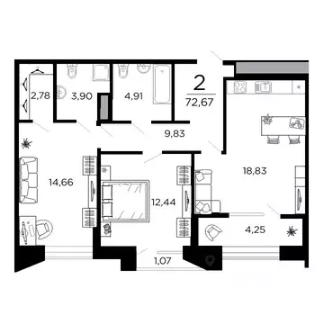 2-к кв. Рязанская область, Рязань ул. 1-я Железнодорожная (72.67 м)