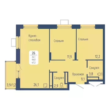 2-к кв. Красноярский край, Красноярск Свободный просп. (67.2 м)