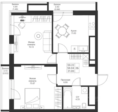 2-к кв. Татарстан, Казань Мой Ритм жилой комплекс, ПК14 (59.22 м)