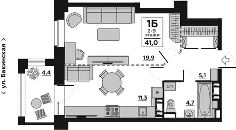 1-к кв. Волгоградская область, Волгоград Бакинская ул., 6 (43.4 м)