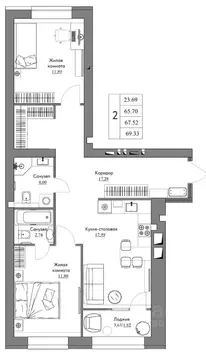 2-к кв. Калужская область, Калуга Жилыеы Острова кв-л,  (69.33 м)