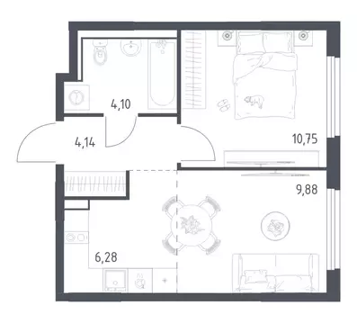 Квартира, 1 комната, 35.15 м