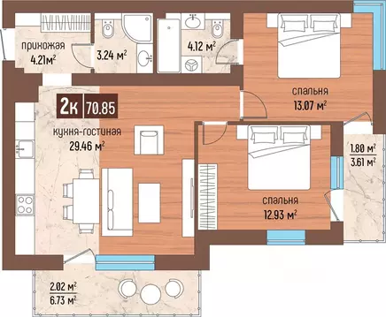 2-к кв. Калининградская область, Светлогорск Ольховая ул., 32к8 (70.85 ...