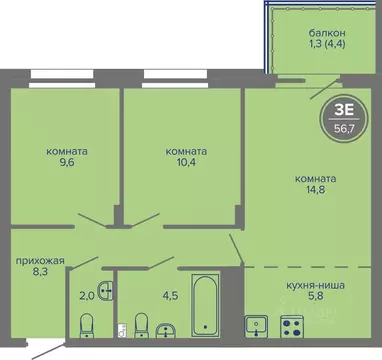 3-к кв. Пермский край, Пермь ш. Космонавтов (56.7 м)