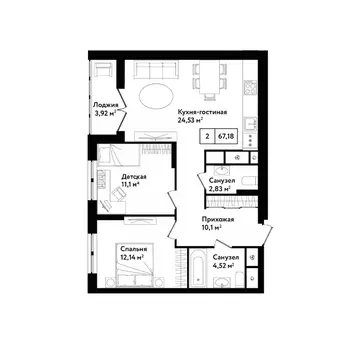 2-к кв. Тульская область, Тула ул. Седова, 26к2 (70.7 м)