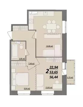 2-к кв. Ульяновская область, Ульяновск Кольцевая ул., 41 (56.44 м)