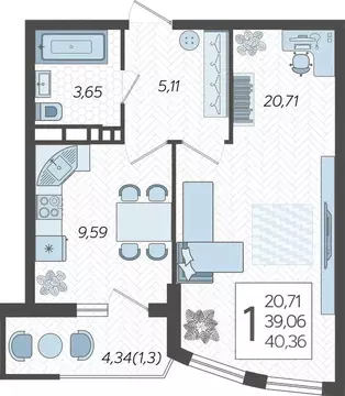 1-к кв. Краснодарский край, Краснодар Уральская ул., 100/6 (40.36 м)