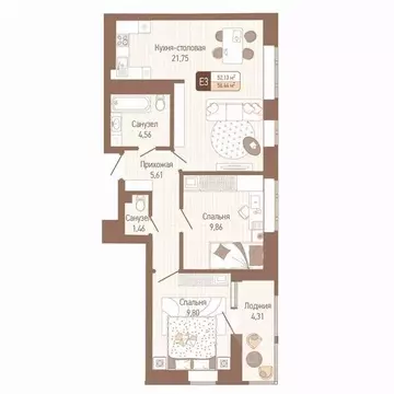 2-к кв. Тульская область, Тула Кулик жилой комплекс (54.29 м)